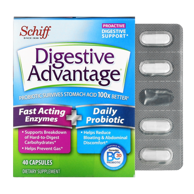 Schiff, Добавка для улучшения пищеварения Digestive Advantage, быстродействующие ферменты + ежедневный пробиотик, 40&nbsp;капсул
