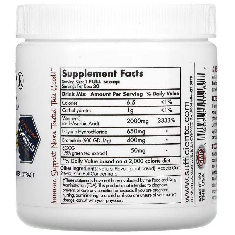 Sufficient C, High Dosed Immune-Ade Drink Mix, Lemon Peach, 4,000 mg, 125 g