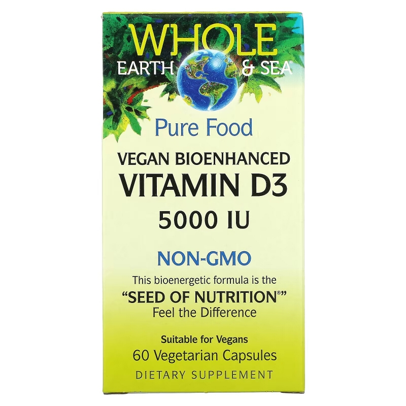 Natural Factors, Whole Earth & Sea, Vegan Bioenhanced Vitamin D3, 5,000 IU, 60 Vegetarian Capsules