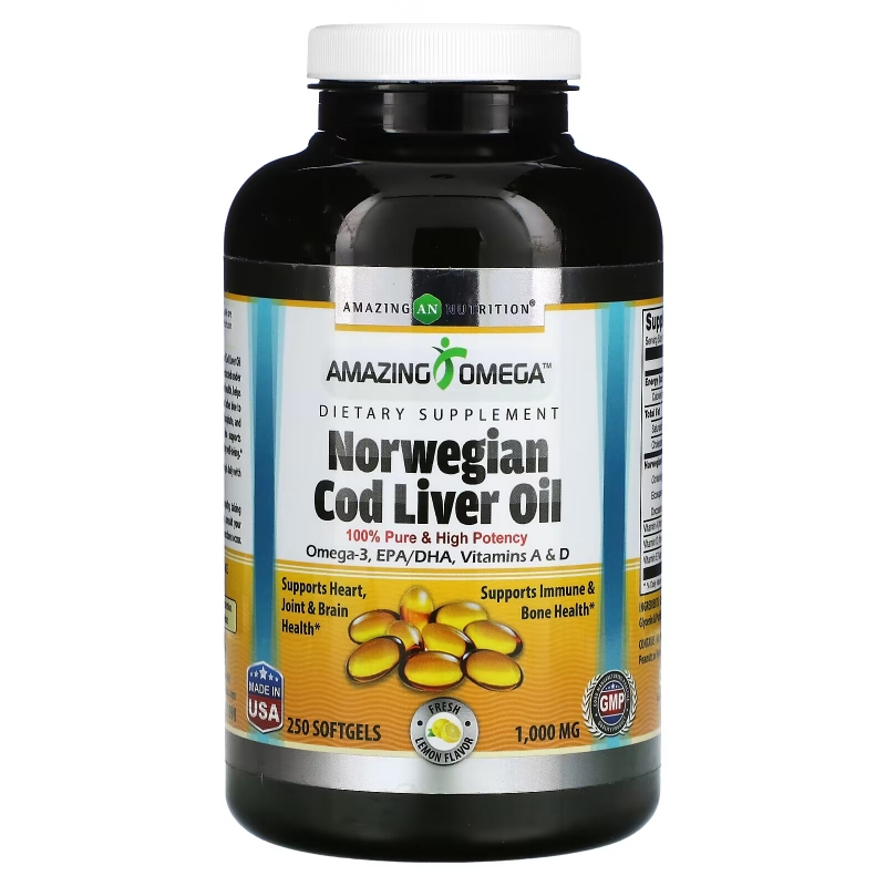 Amazing Nutrition, Жир печени норвежской трески, лимон, 1000 мг, 250 мягких таблеток