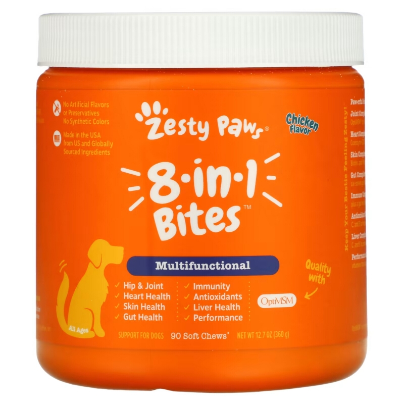 Zesty Paws, 8-in-1 Bites for Dogs, Multifunctional , All Ages, Chicken, 90 Soft Chews, 12.7 oz (360 g)