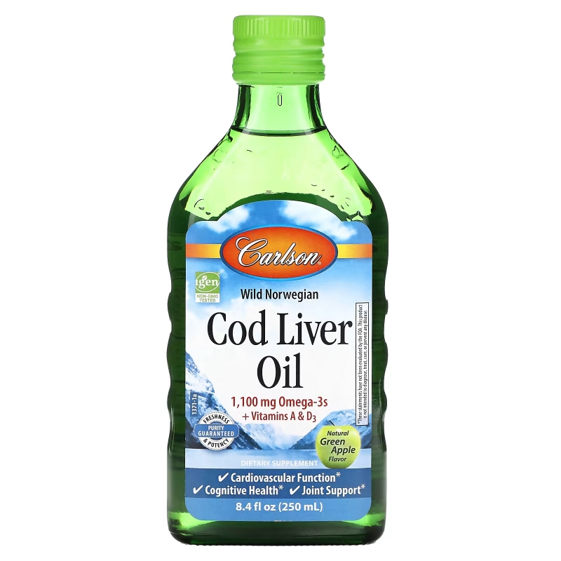 Carlson, Cod Liver Oil, Natural Green Apple , 1,100 mg, 8.4 fl oz (250 ml)